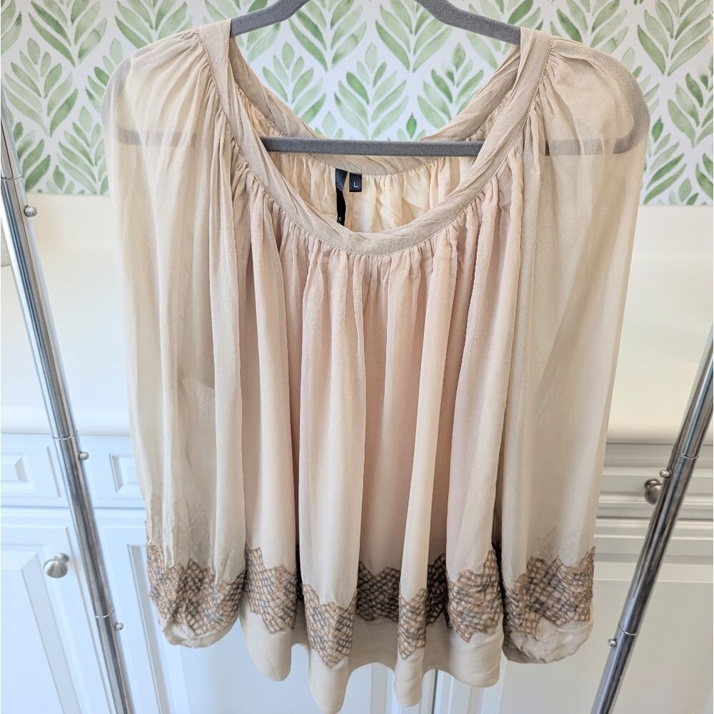 Light Beige Crochet-Hem Peasant Blouse - Picture 2 of 9